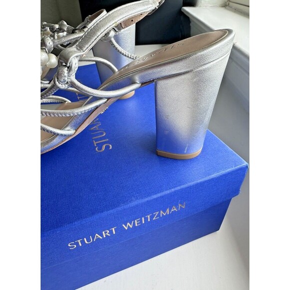 STUART WEITZMAN Women's Sandals Shoes Faux Pearl Block Heels Leather Silver 7 - Picture 5 of 8